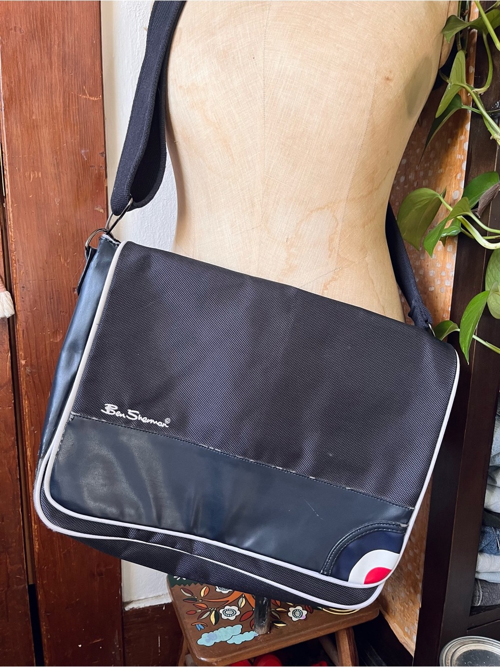 Ben Sherman Navy Messenger Bag with White Trim and Red Accent